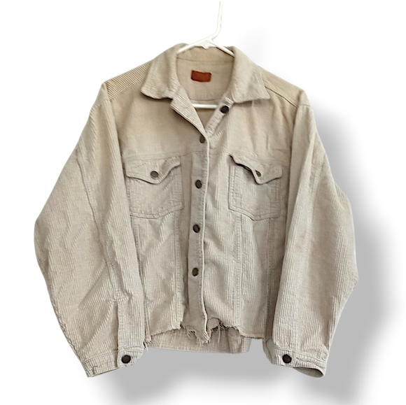 POL Jackets & Blazers - POL Beige Corduroy Jacket Crop Fringe Gray Button Down Oversized Distressed Cool